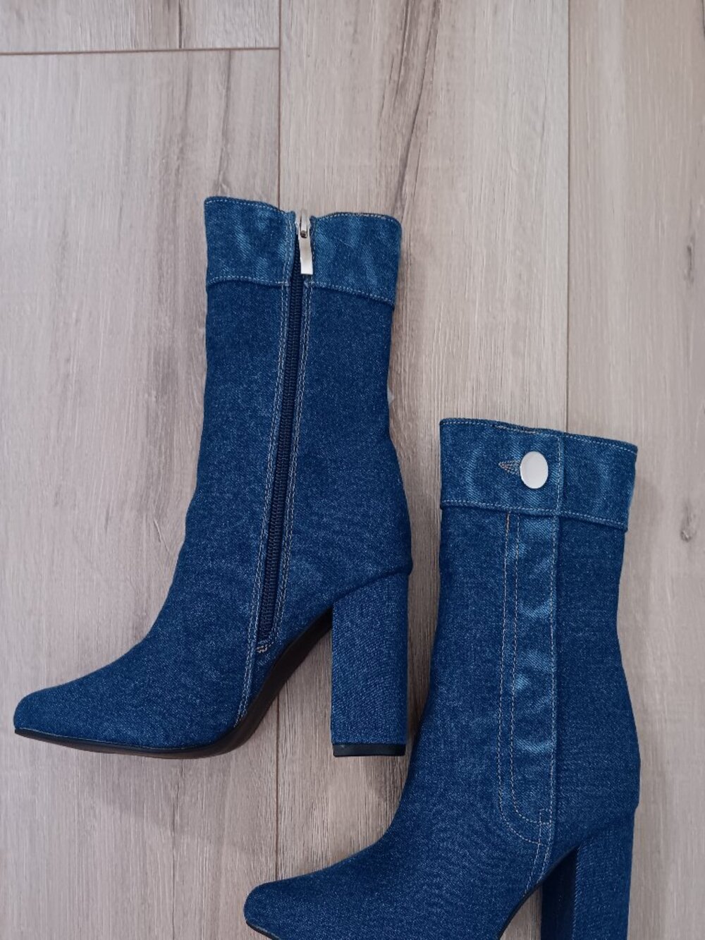Denim Ankle Boots Size 8 Women Blue Pointed Toe Block Heel Side Zip